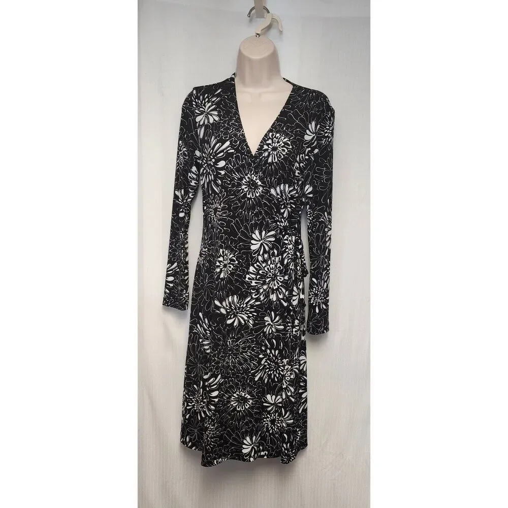 Chico's Floral Wrap Midi Dress Size 0/ US Small Black & White